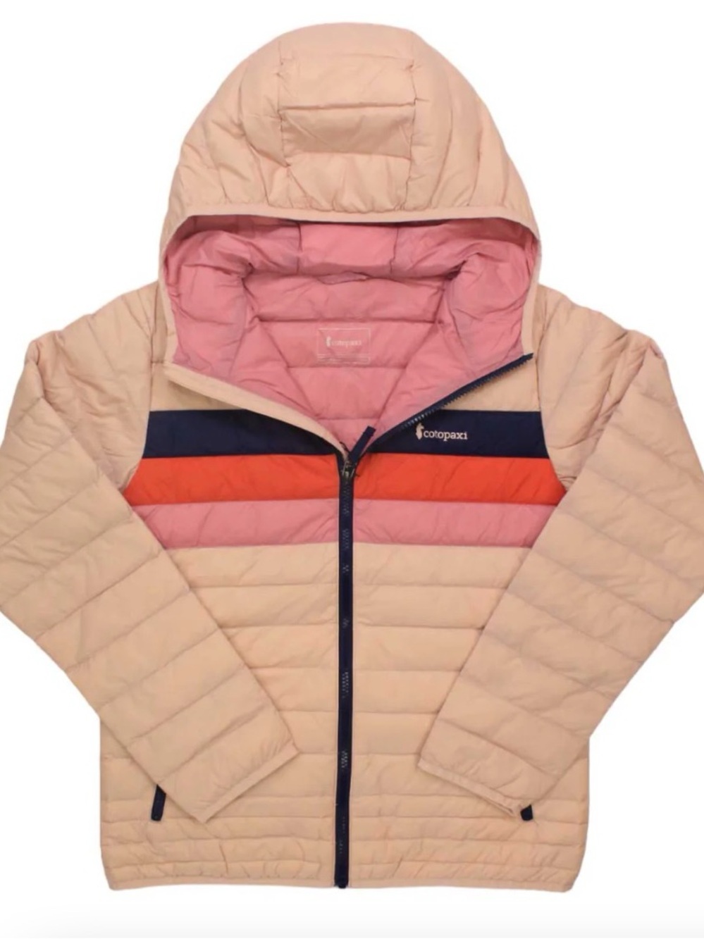 Cotopaxi Kids Fuego Hooded Down Jacket Rosewood Stripes Pink Puffer 7/8